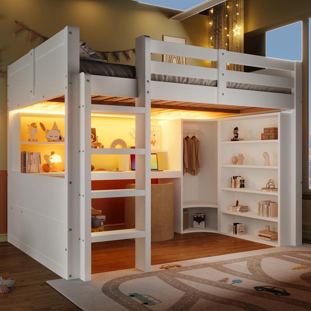 Cama loft 140x200cm con LED, armario, escritorio y cajones, blanca