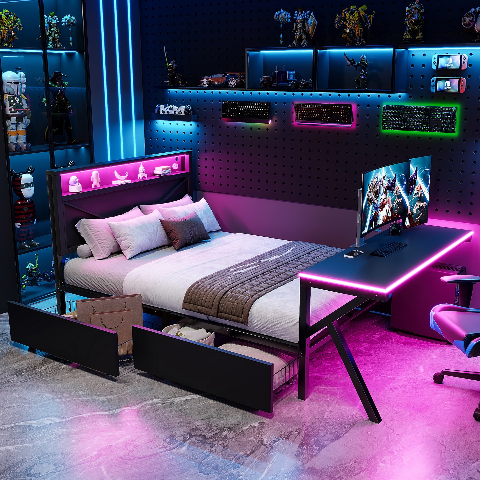 Cama multifuncional 140x200cm con escritorio, LED y cajones metal – negro