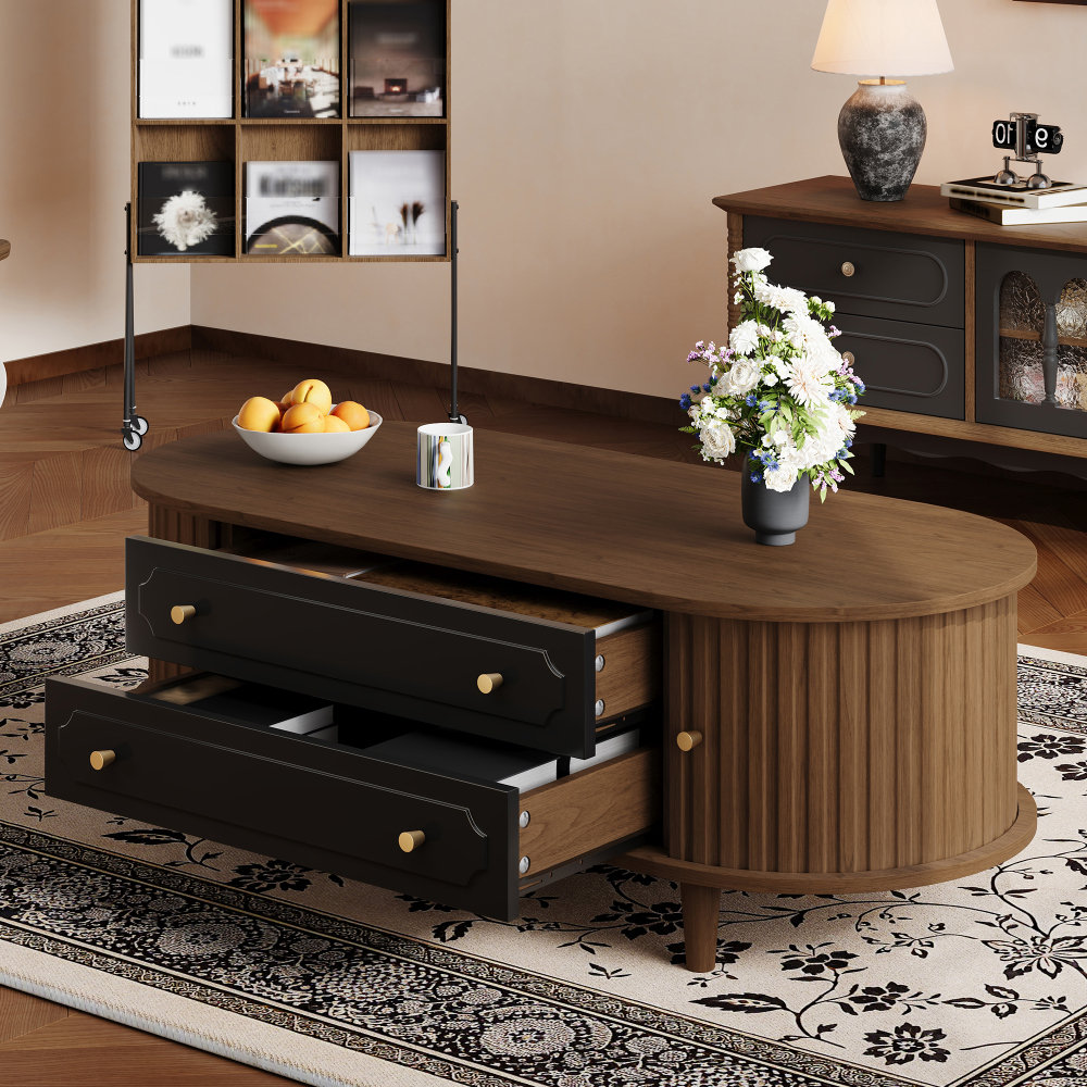 Mesa de centro con 2 cajones y 2 puertas nogal negro 36x100x50cm