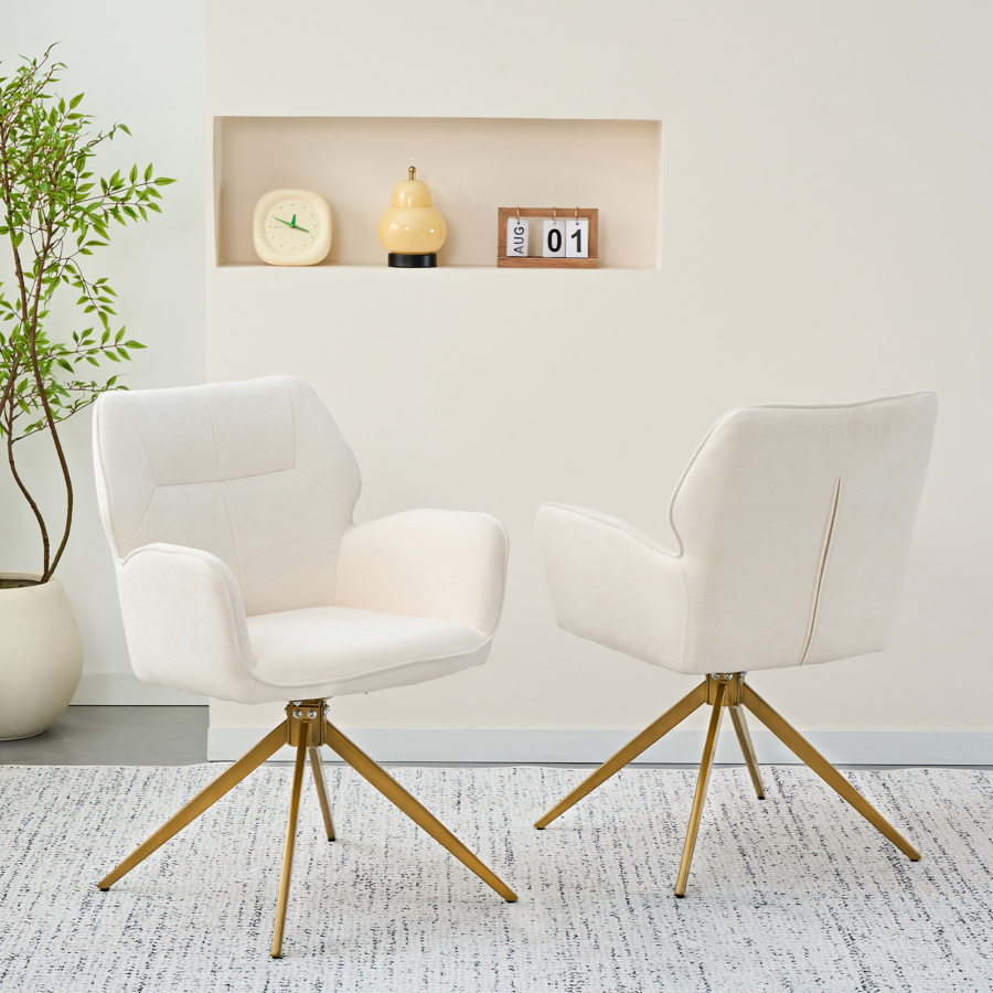 Silla de comedor giratoria chenilla blanco crema con reposabrazos set de 2