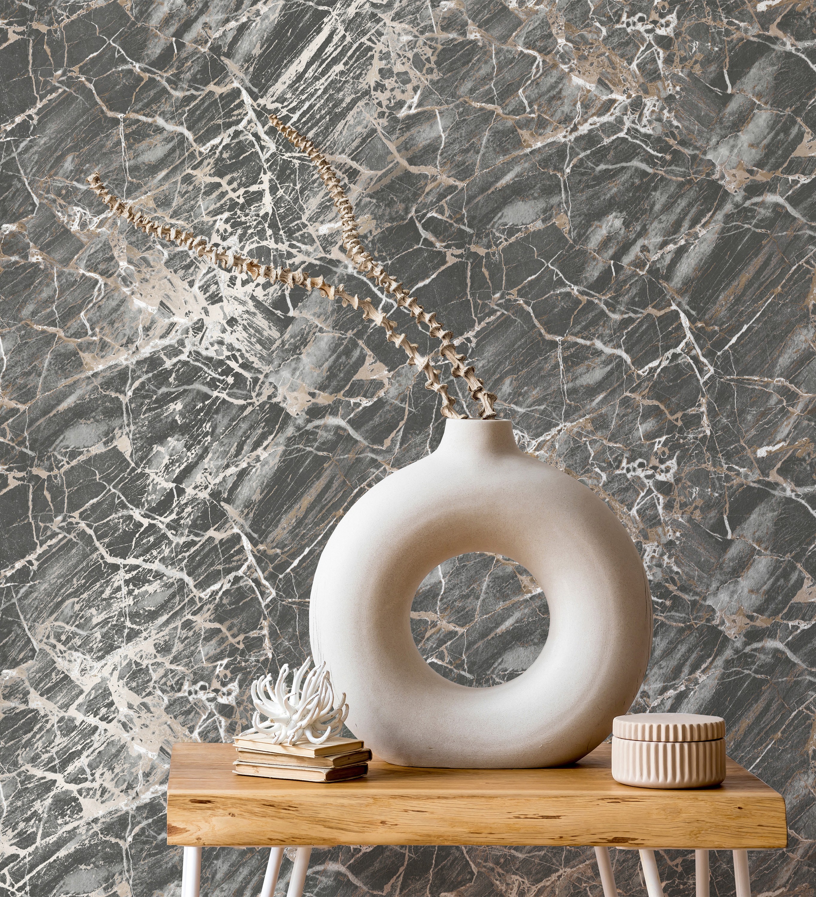 Papel pintado gaulan con mármol gris oscuro con betas cobre 5.23m²