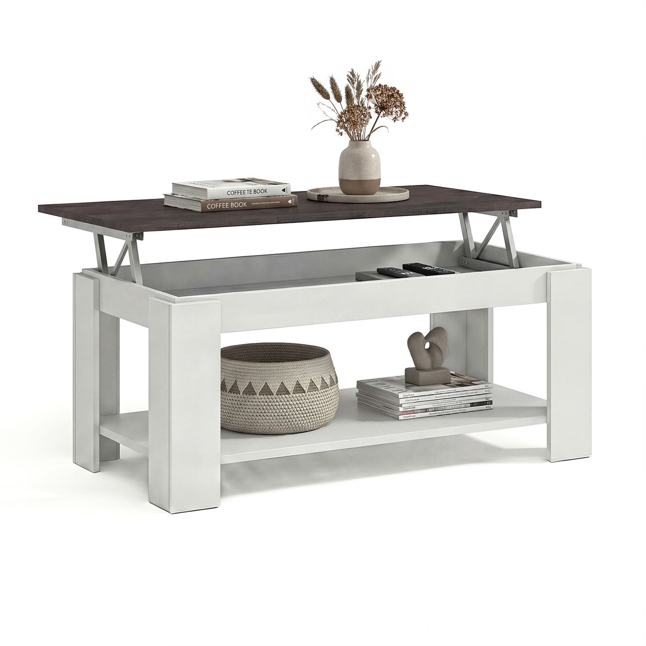 Mesa de centro elevable con almacenaje 102x43-54 cm lya blanco - óxido