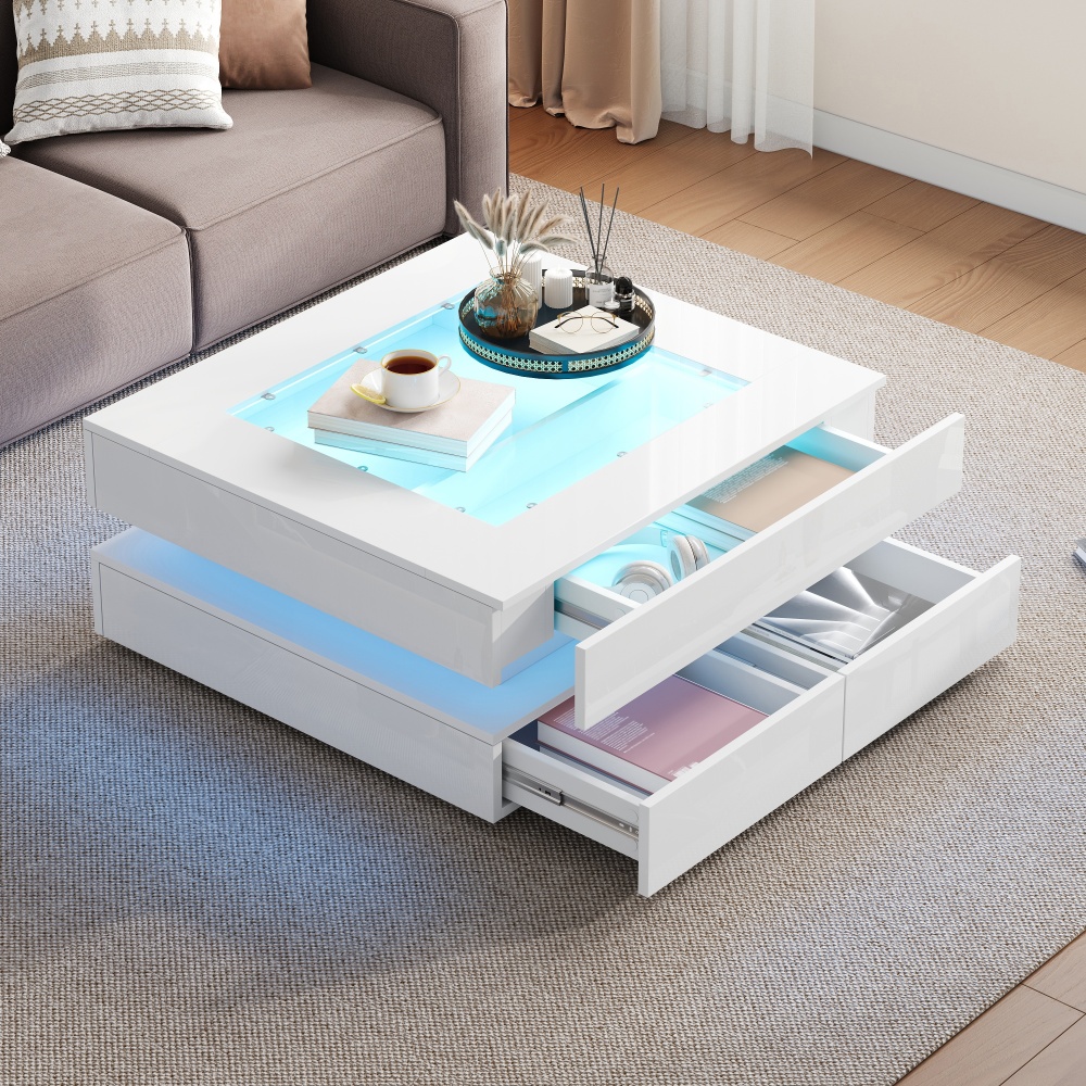 Mesa de centro con LED y 3 cajones cristal blanco 35x70x70cm