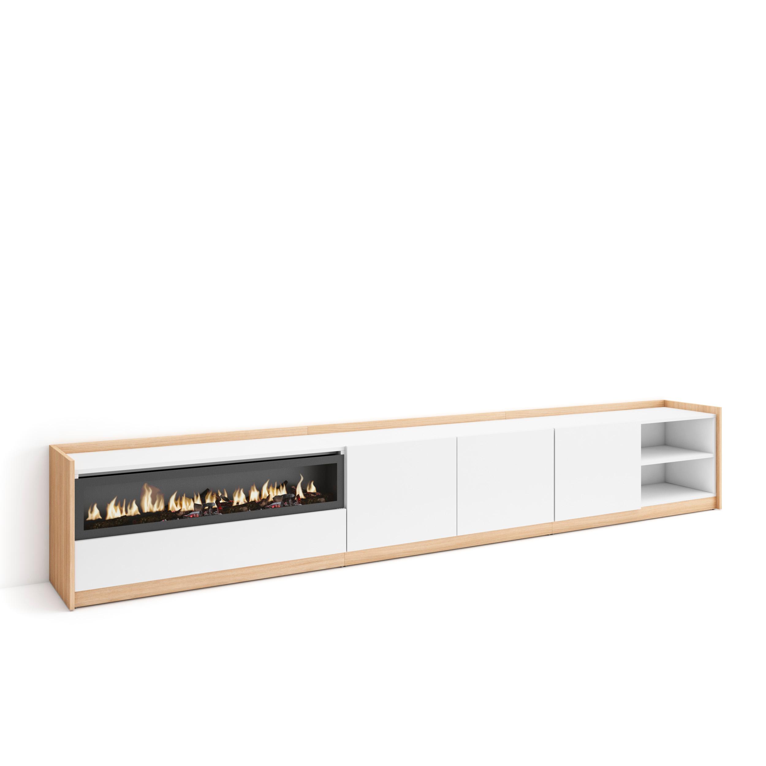 Mueble tv, 310x37x50cm, blanco y roble soft, chimenea eléctrica rf4325