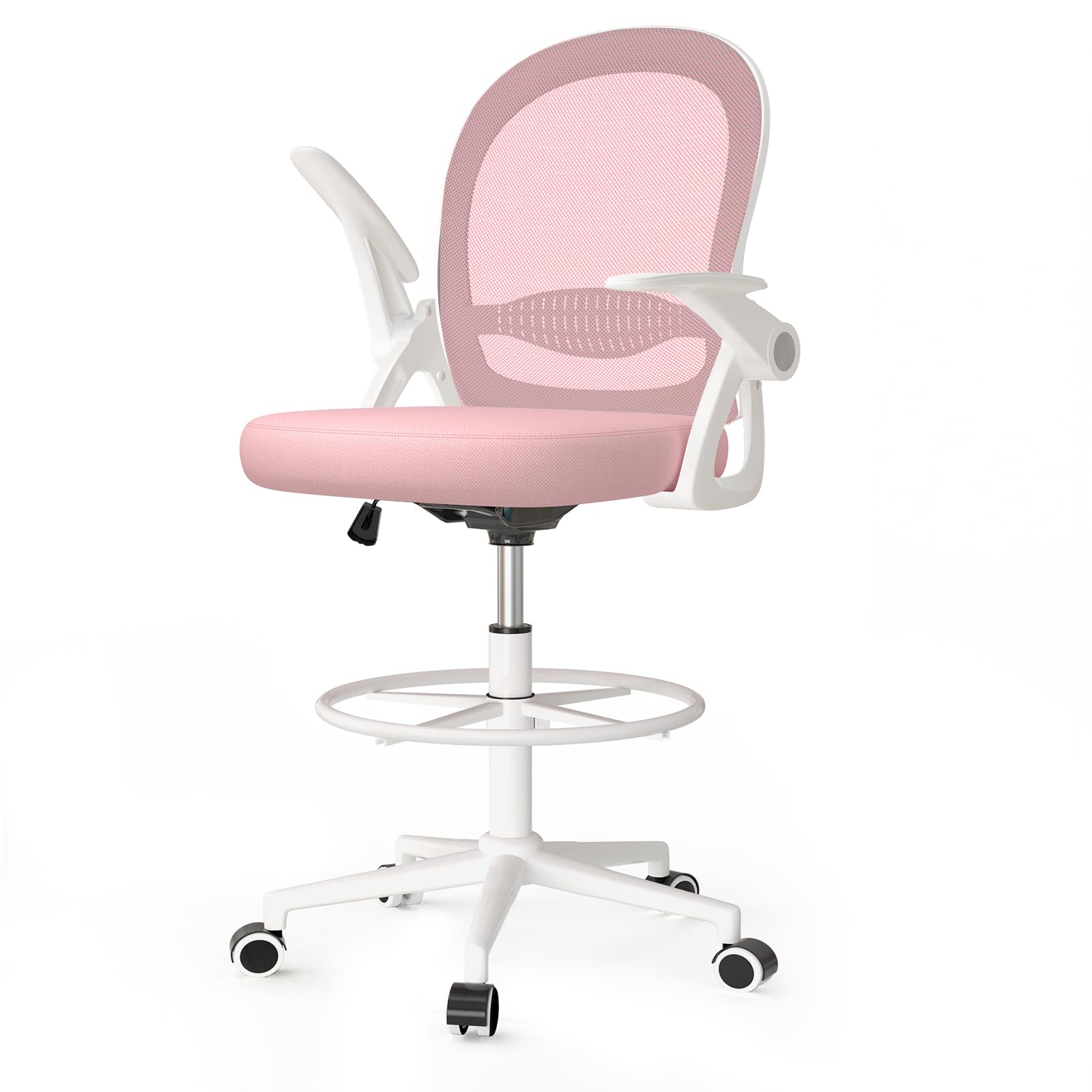 Silla de oficina con respaldo alto, reposabrazos abatibles, rosa