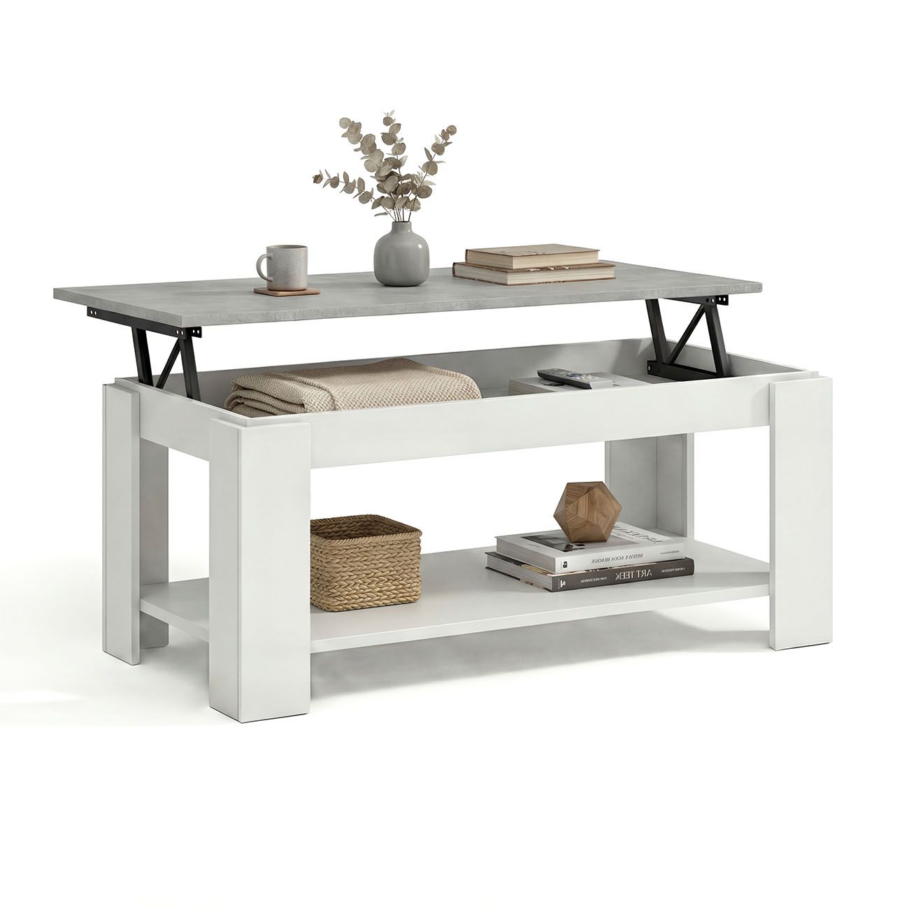Mesa de centro elevable con almacenaje 102x43-54 cm lya blanco - gris