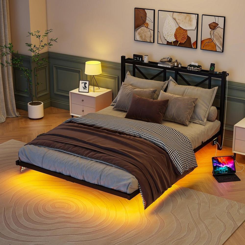 Cama 140x200cm, estructura flotante metal con LED, usb y cabecero gris