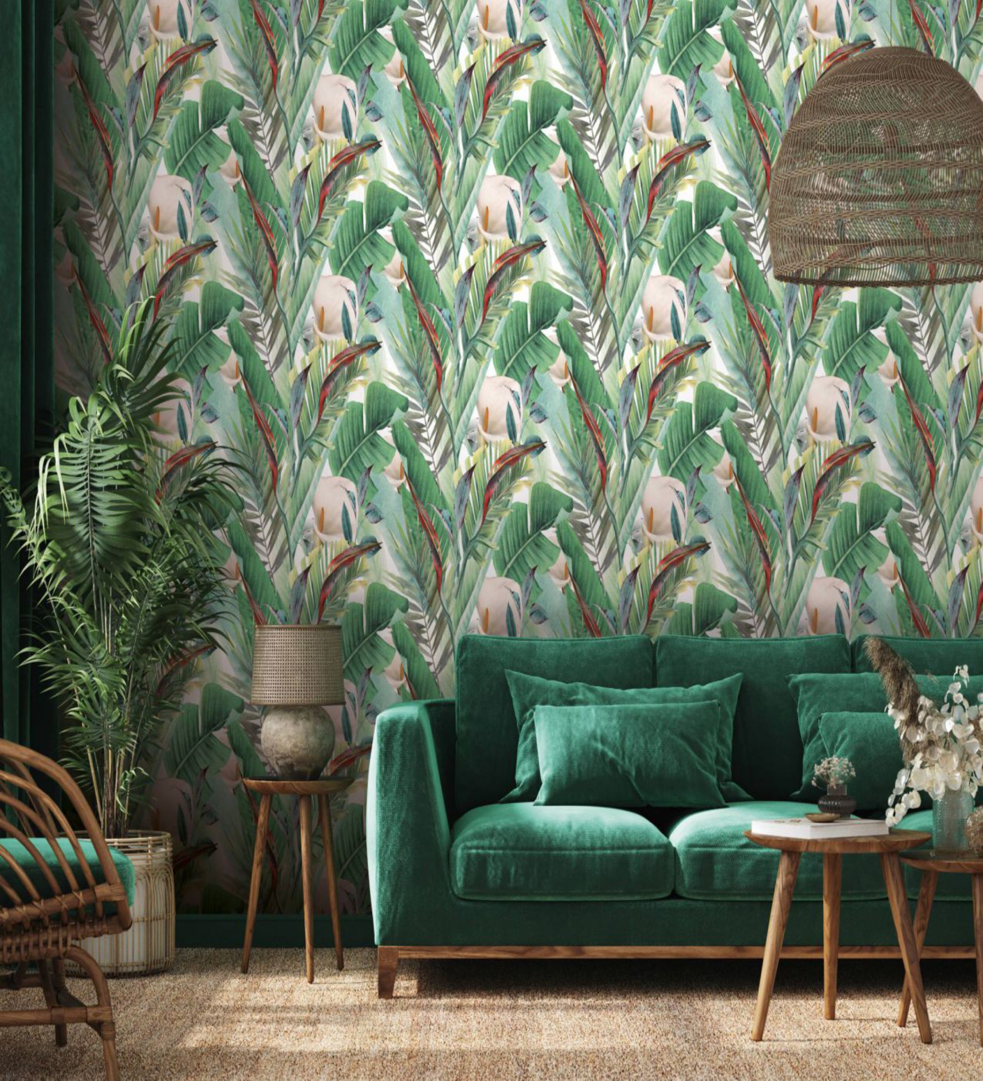 Papel pintado gaulan de hojas tropicales y flores blancas de lirio 5.33m²