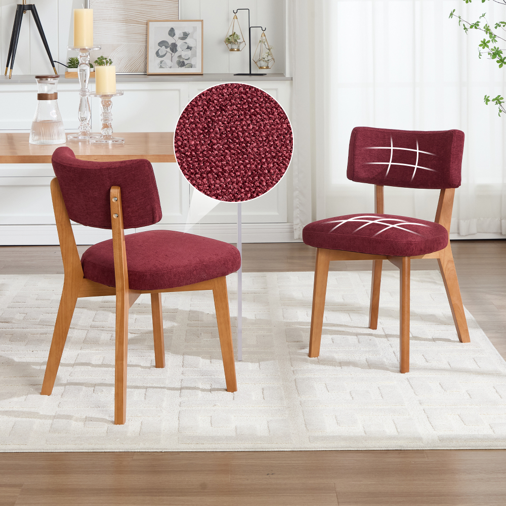Silla de comedor tapizada burdeos con patas de madera maciza
