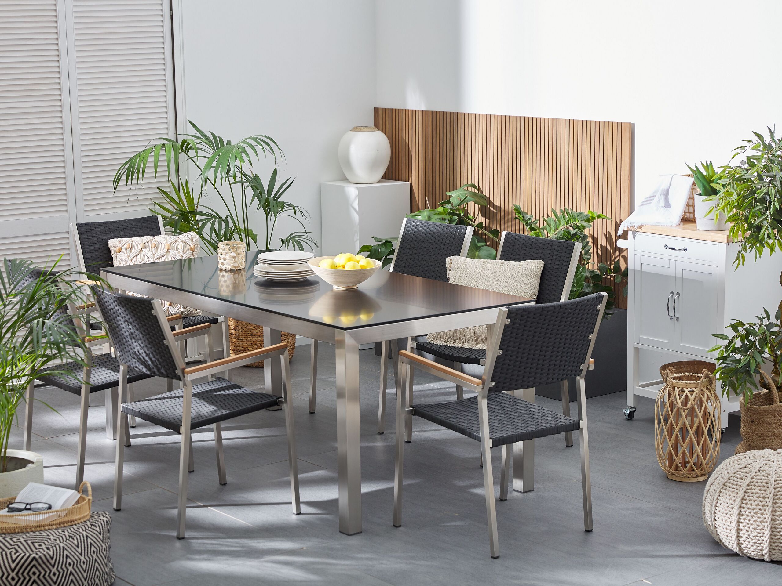 Conjunto de comedor exterior 6 plazas grosseto vidrio templado negro
