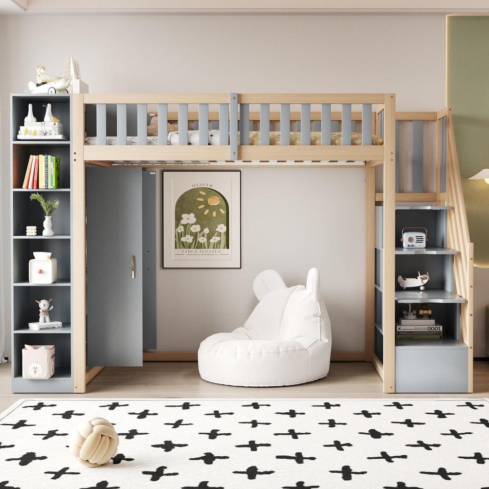 Litera mezzanine con armario y estanterias 90x200cm gris