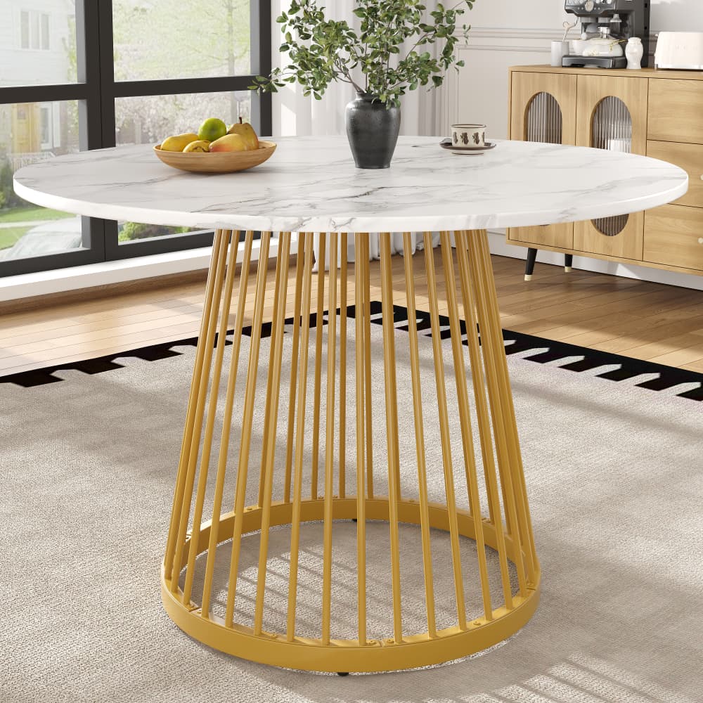 Mesa compacta 80x80cm acabado mármol blanco patas doradas