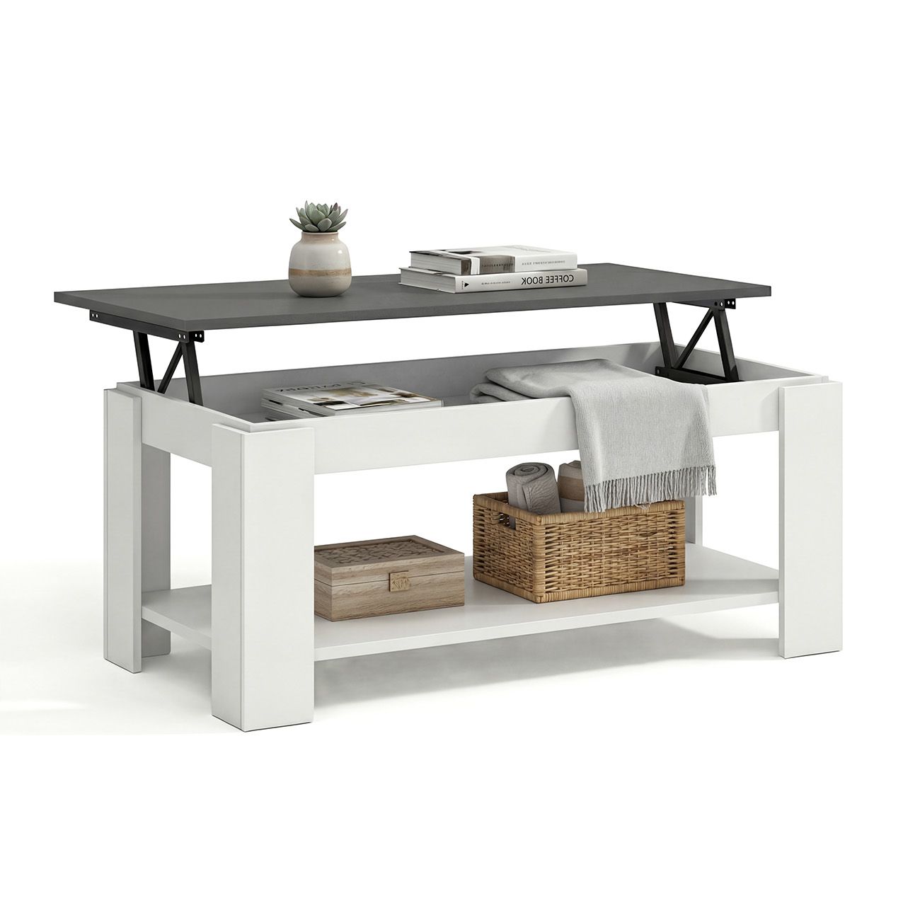 Mesa de centro elevable con almacenaje 102x43-54 cm lya blanco - grafito