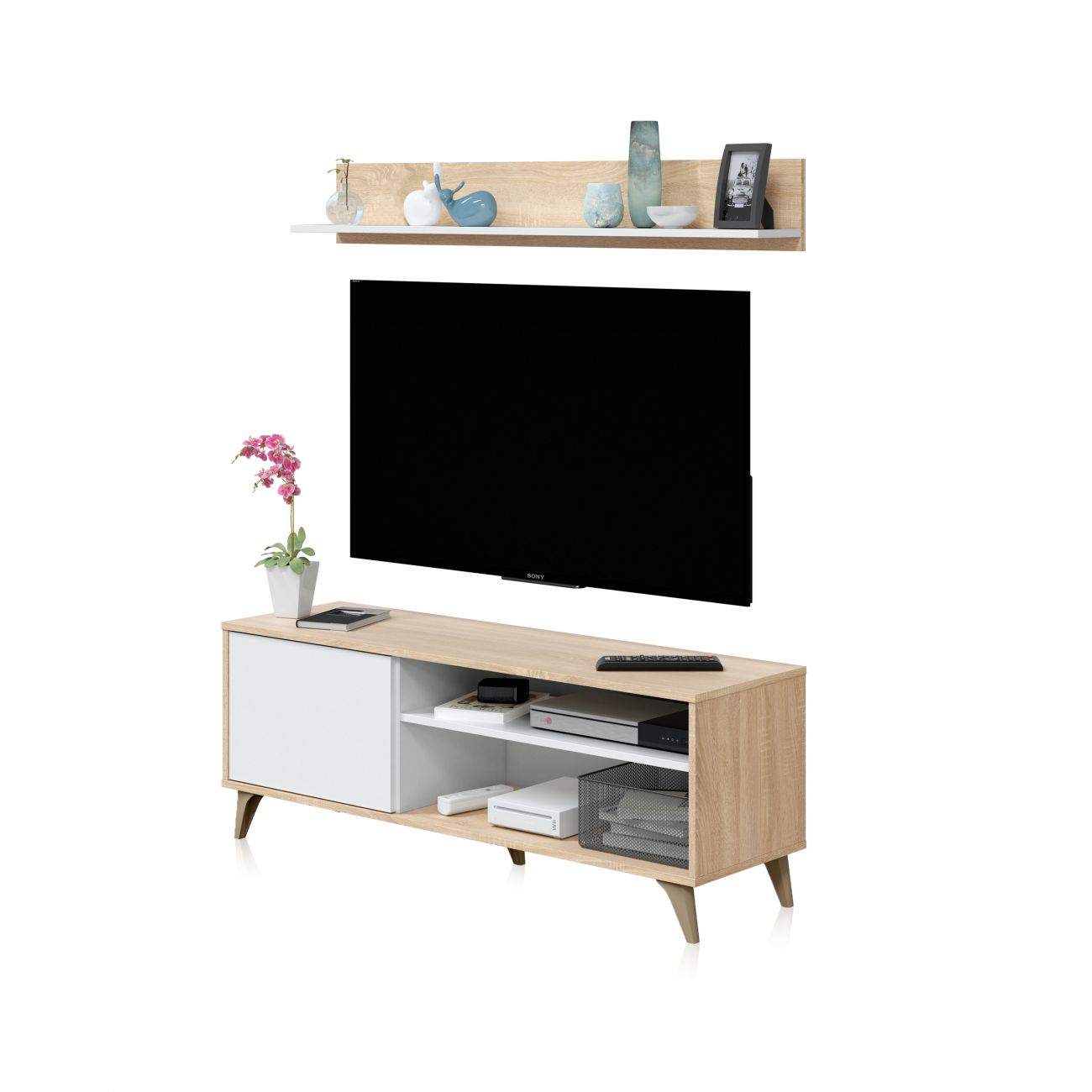 Mueble tv con almacenaje y estante 135 cm lira blanco - roble