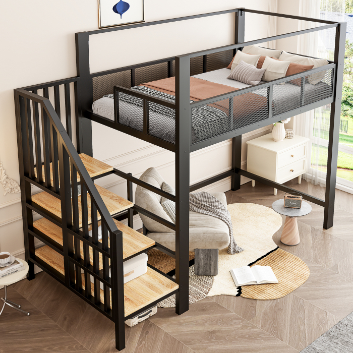 Cama alta 90x200cm con escalera de almacenaje y dosel metal – negro