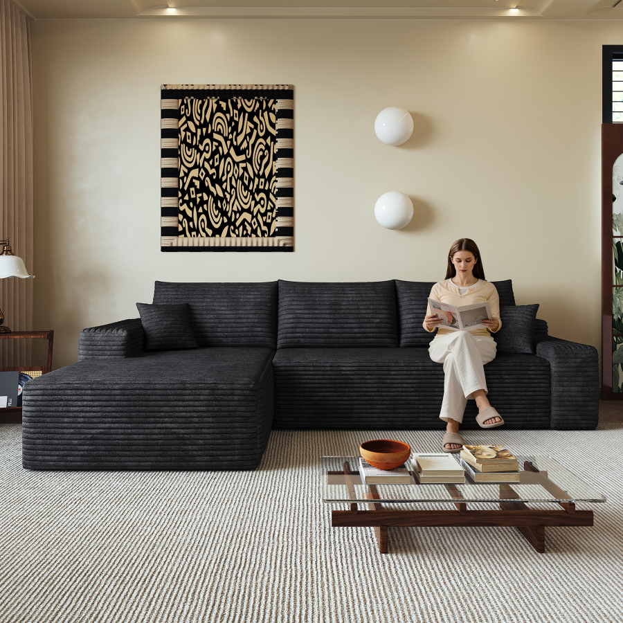 Sofá modular en l tela negra 270x175x83cm con chaise longue