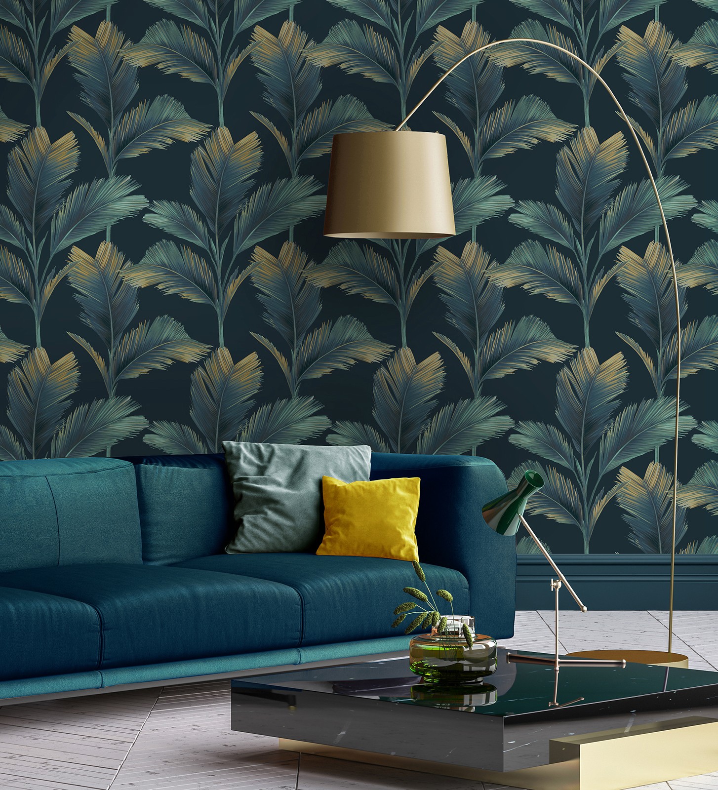 Papel pintado gaulan hojas de palma tropical azul turquesa sobre 5.33m²