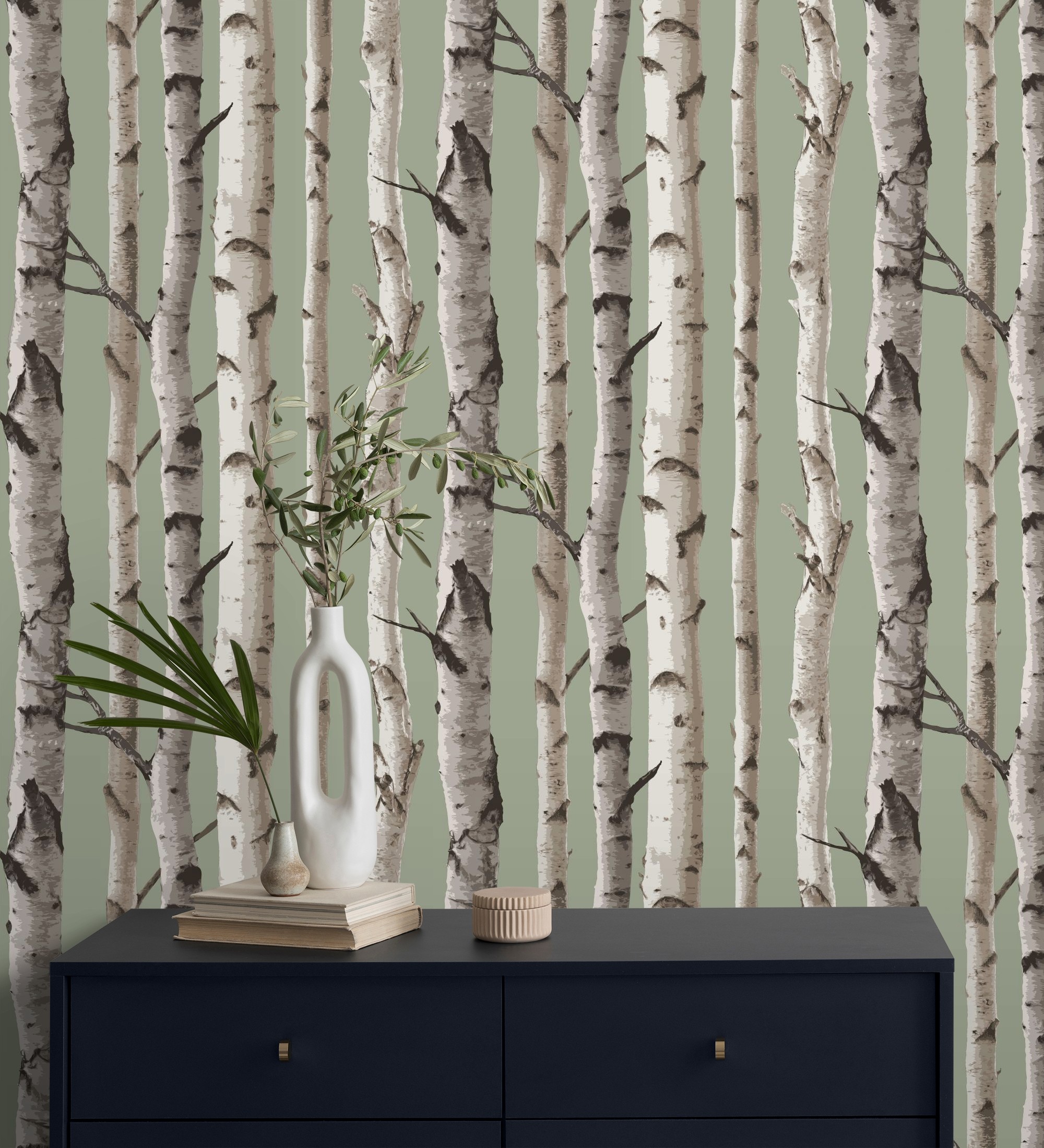 Papel pintado gaulan troncos de árboles de estilo nórdico verde 5.33m²