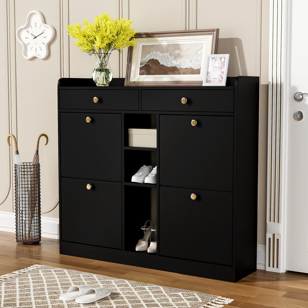 Zapatero para recibidor 4 puertas abatibles 2 cajones negro 100x110x26cm