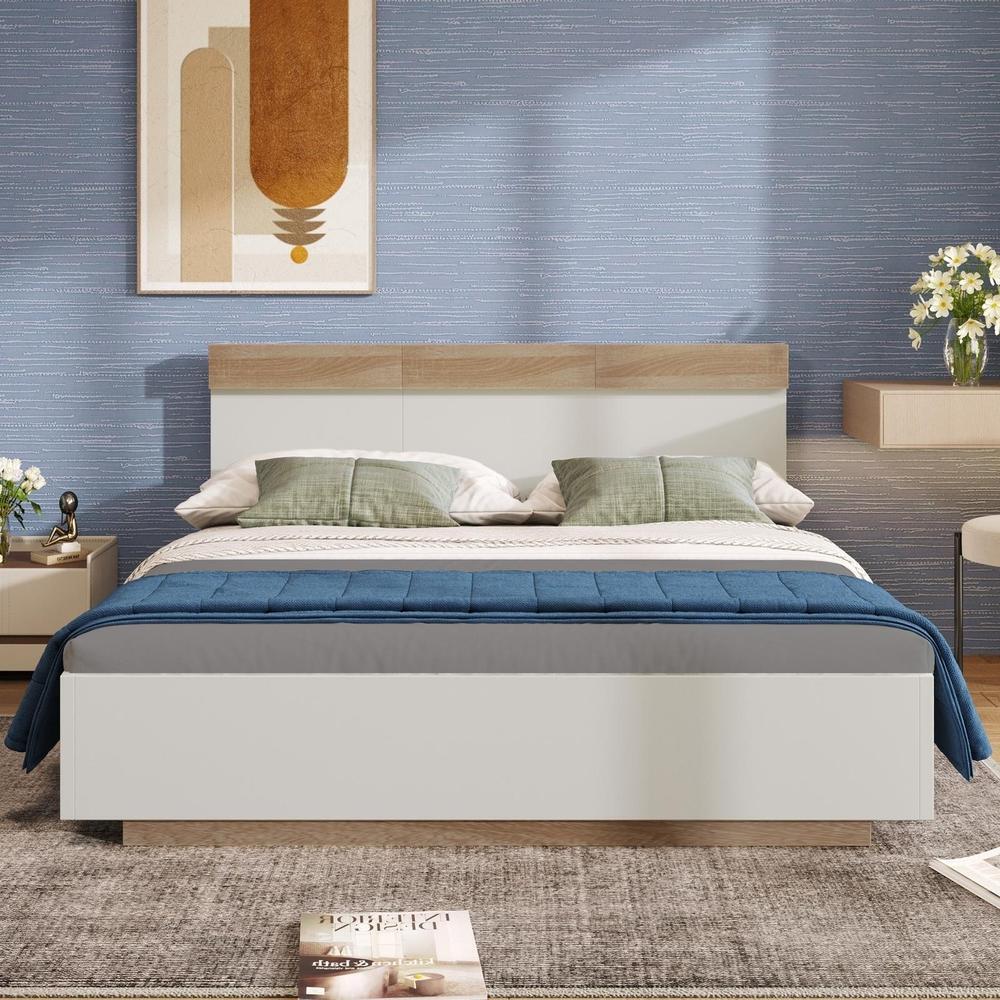 Cama 180x200 cm efecto flotante, roble y blanco, cabecero, sin colchón
