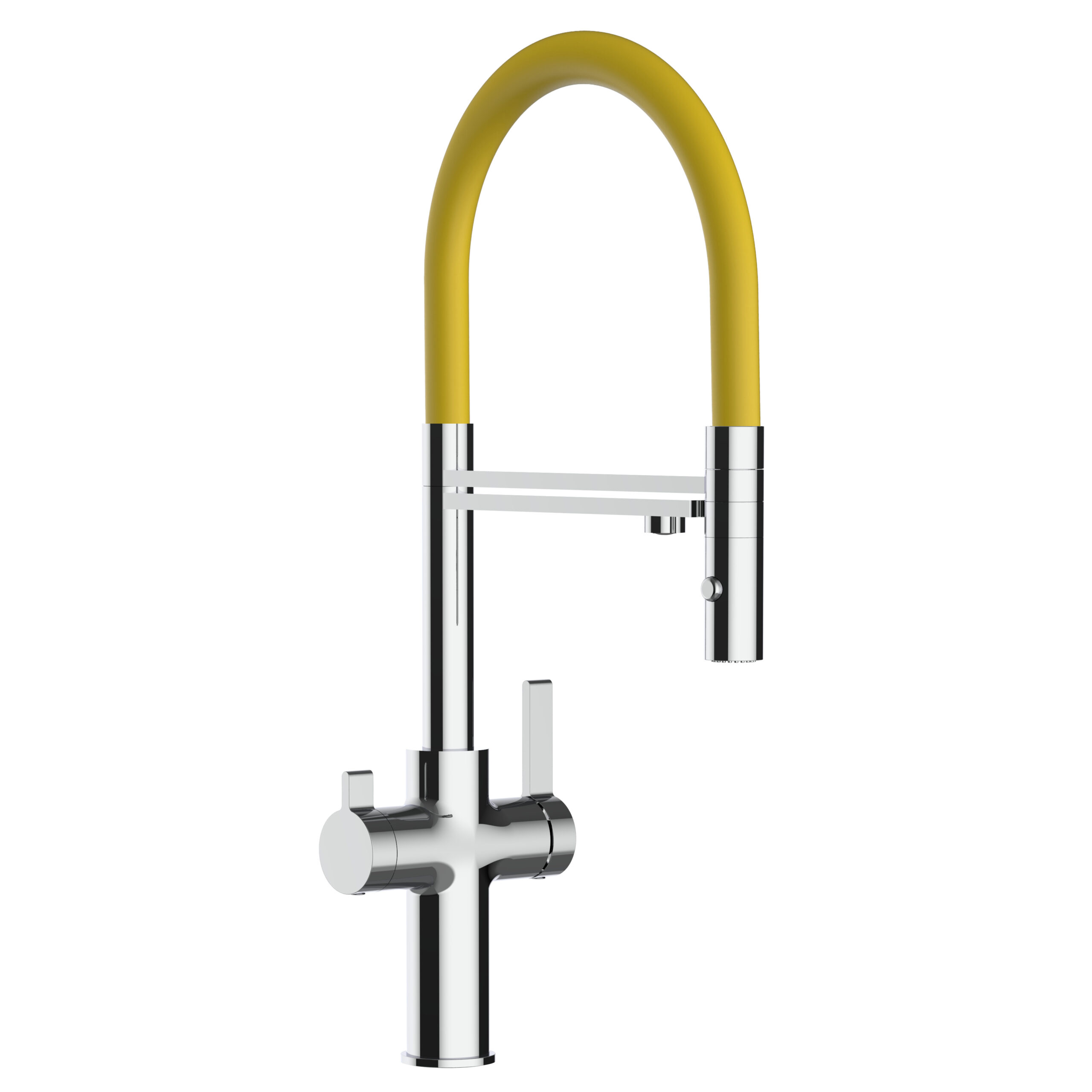 Grifo cocina 3 vías cromado FC caño amarillo flexible ducha 2chorros