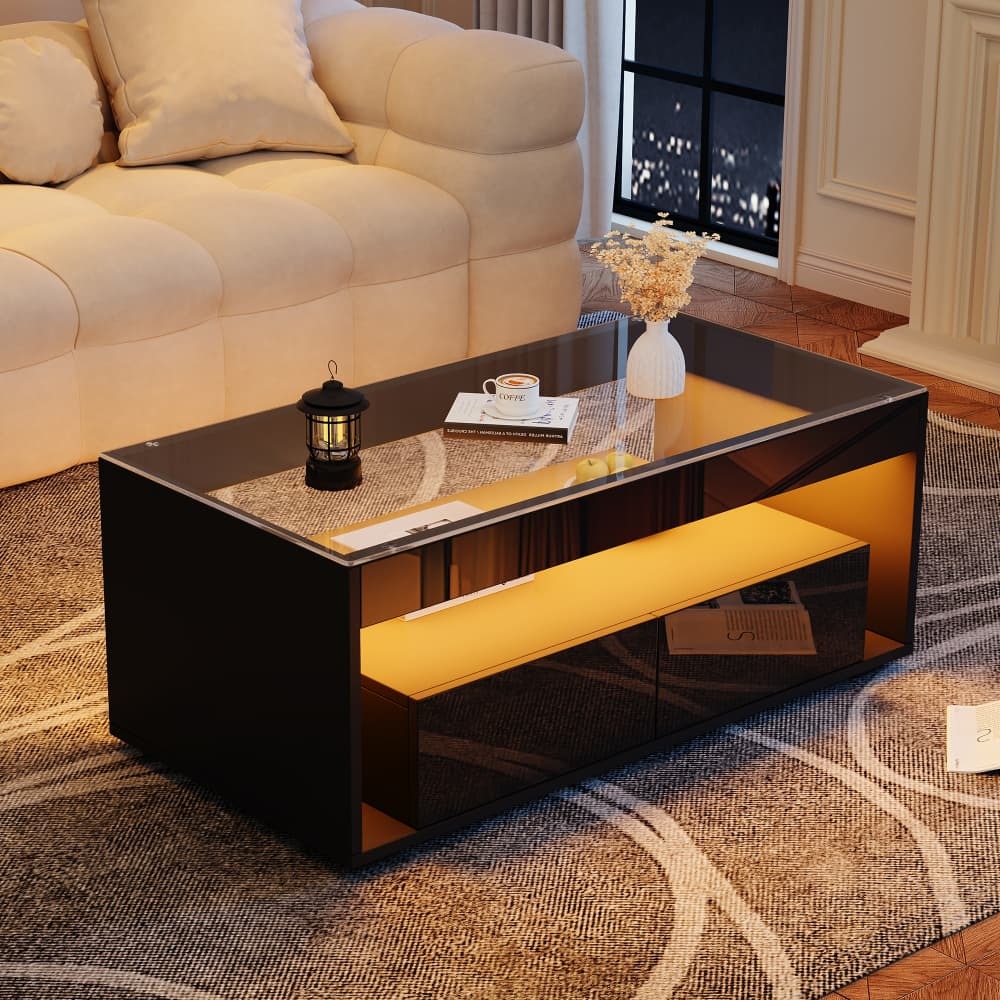 Mesa de centro con LED y 2 cajones negro 40x100x50cm