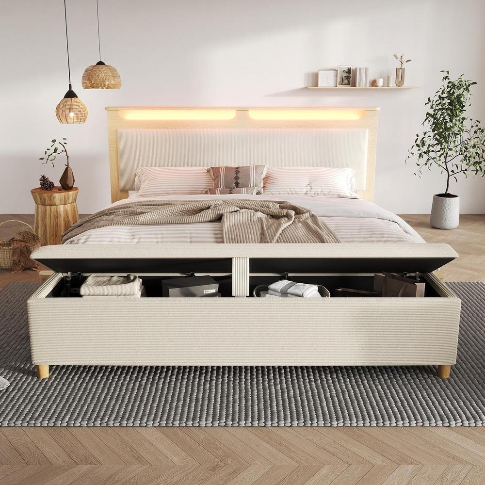 Cama 160x200cm con cabecero LED y almacenaje, beige roble claro