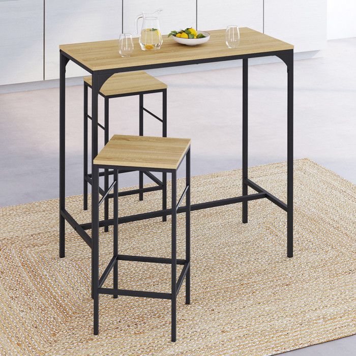 Mesa alta de bar industrial - 2 taburetes - 95 cm