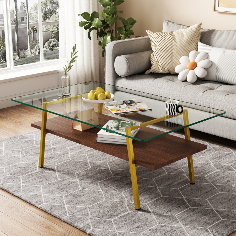 Mesa de centro rectangular cristal templado mdf dorado rosa 42,5x98x58cm
