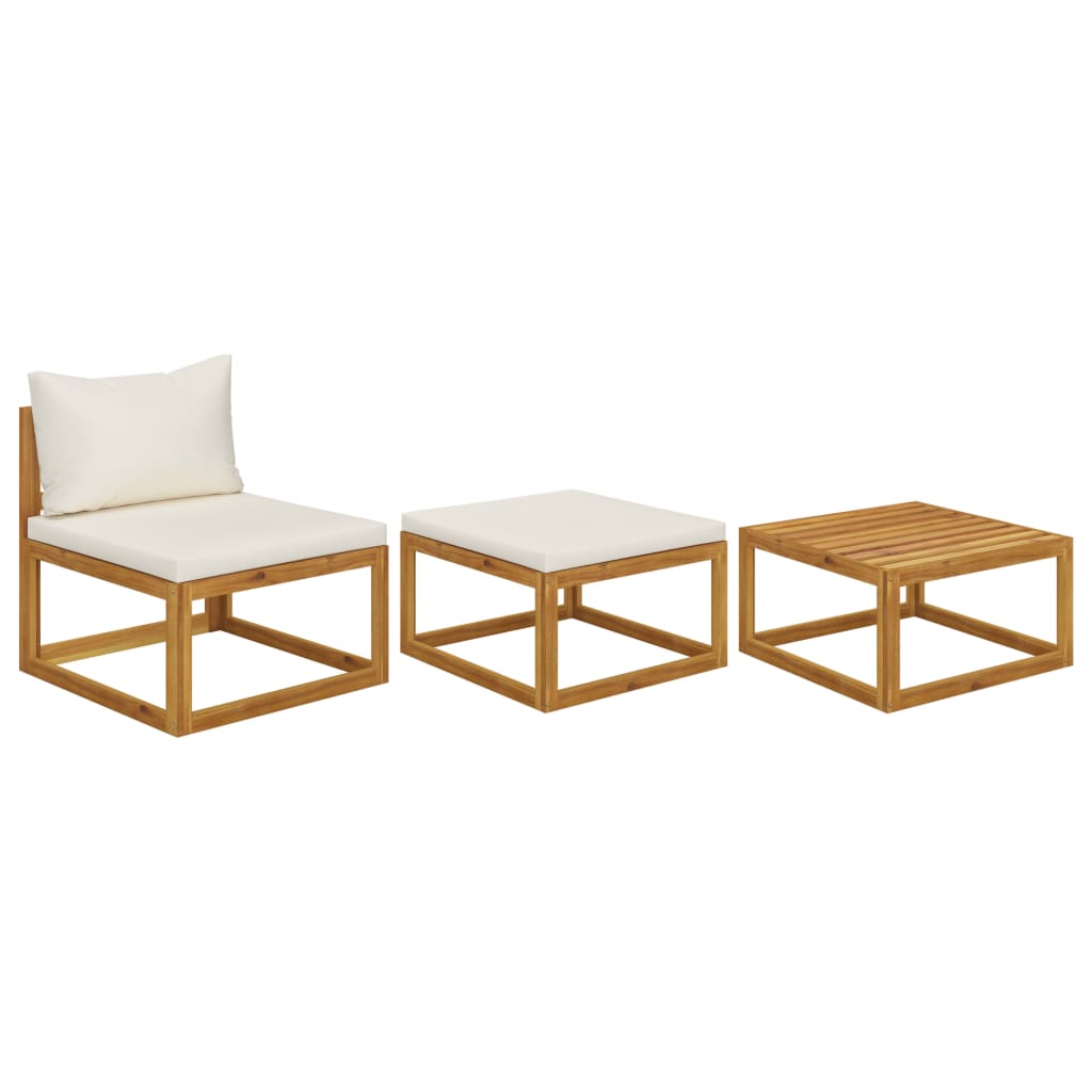 vidaXL muebles de jardín 3 pzas cojines crema madera maciza de acacia