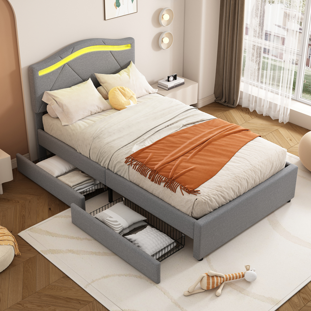 Cama tapizada 90x200 cm con LED y 2 cajones lino y mdf – color gris