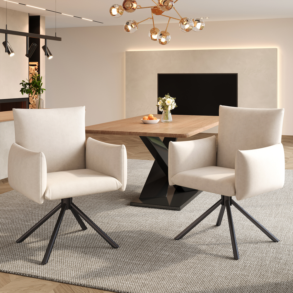 Conjunto de sillas de comedor giratorias terciopelo beige set 2 con brazos
