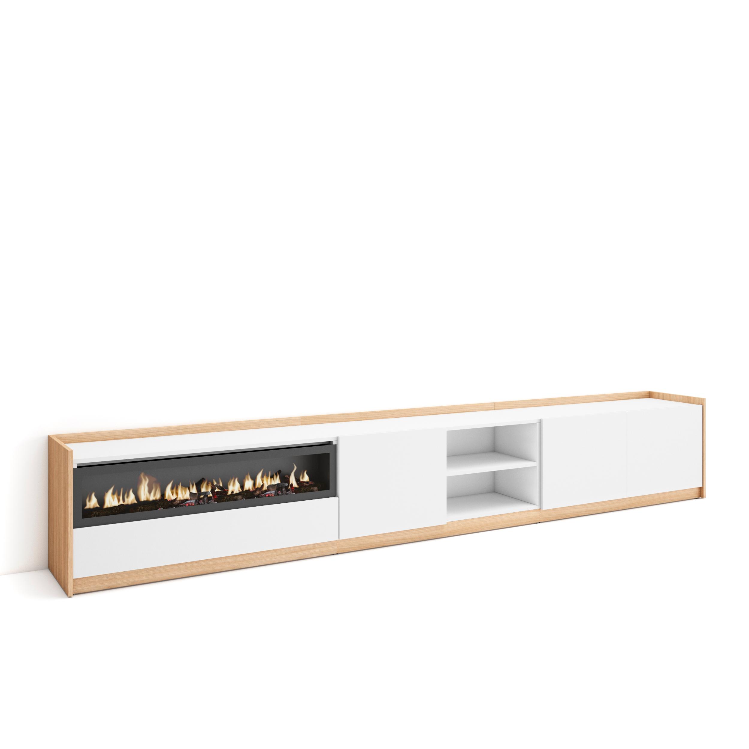 Mueble tv, 310x37x50cm, blanco y roble soft, chimenea eléctrica rf4327
