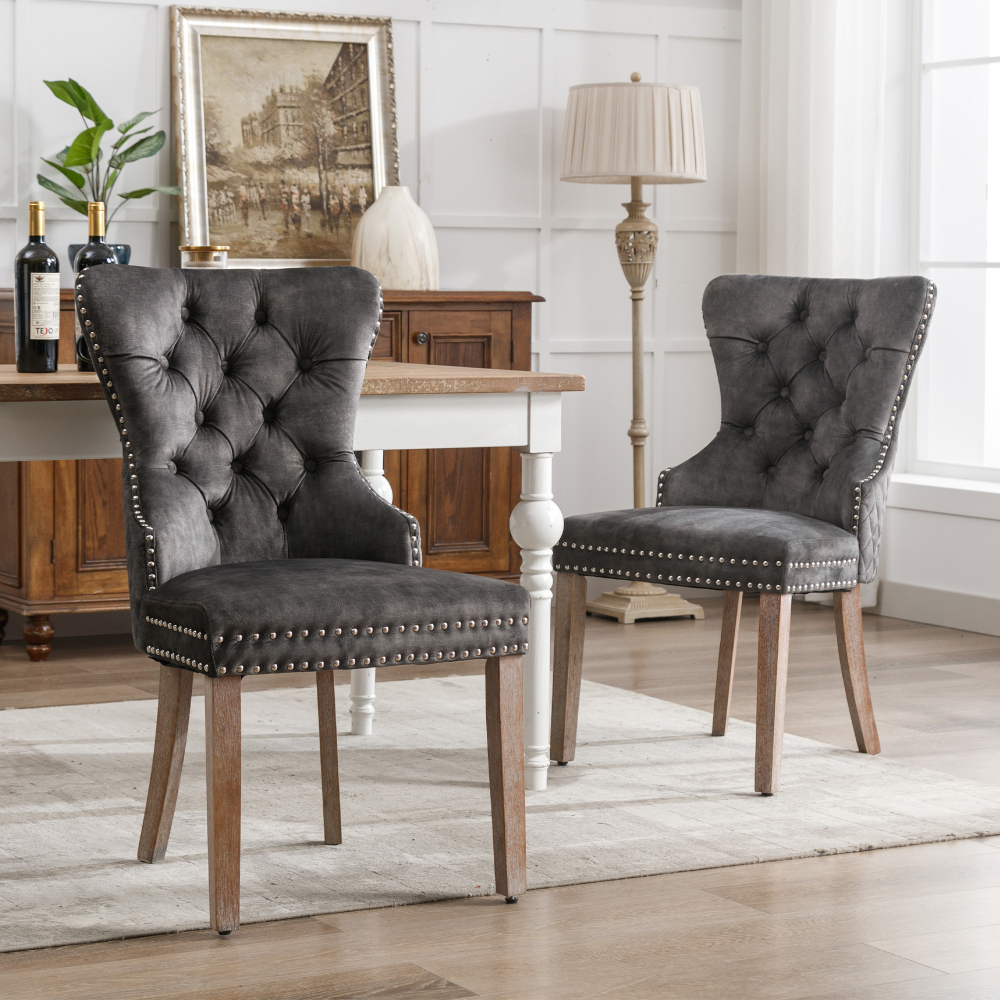 Silla de comedor terciopelo gris set 2 con patas ajustables madera