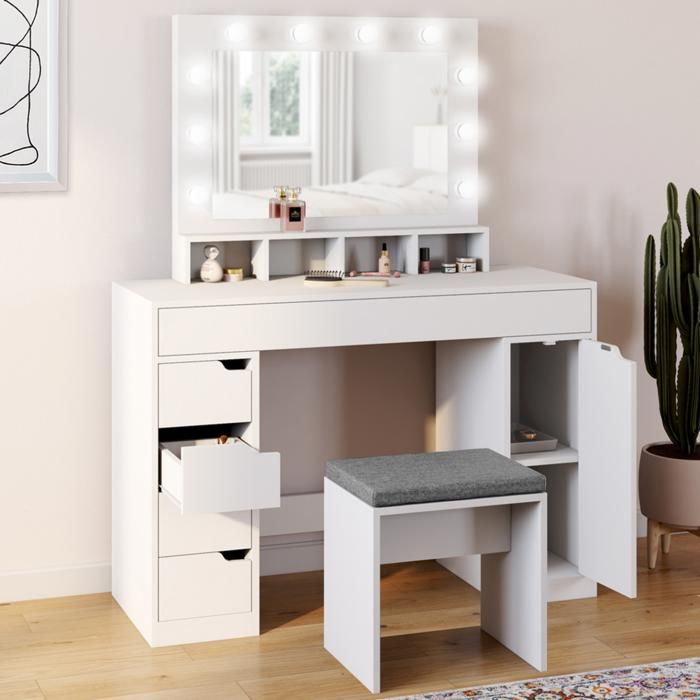 Tocador moderno blanco con espejo LED 110x40x140 cm
