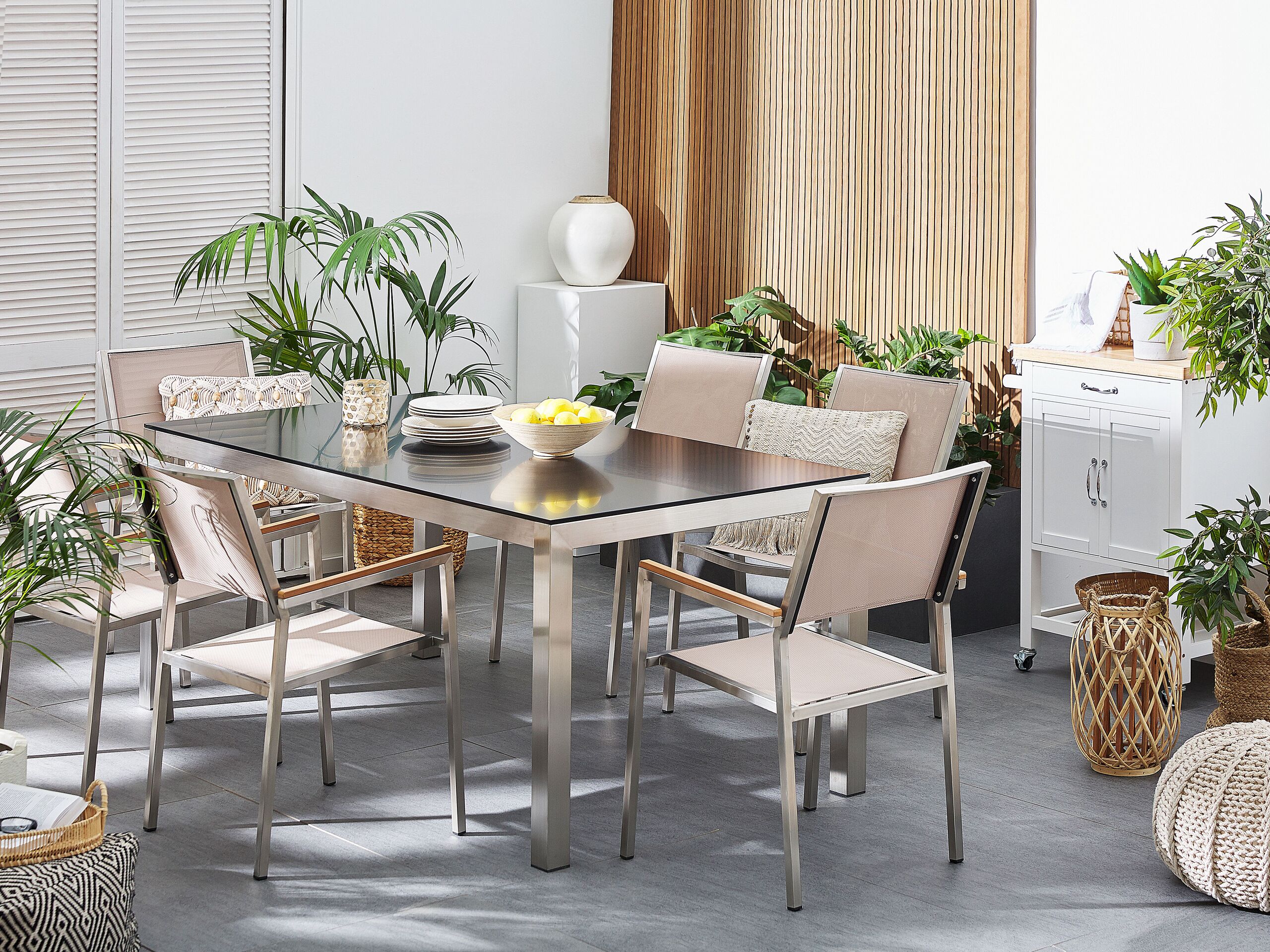 Conjunto de comedor exterior 6 plazas grosseto granito pulido negro/beige