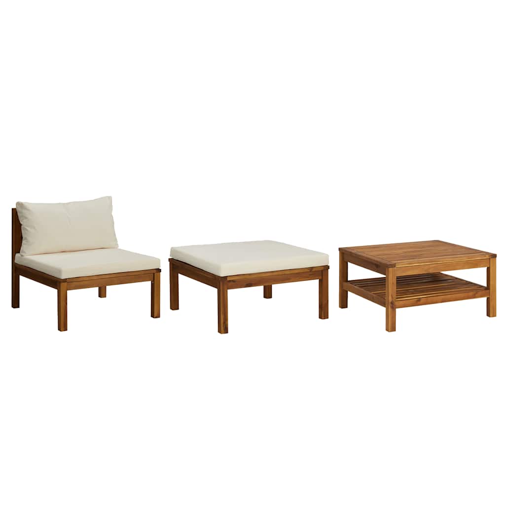 vidaXL muebles de jardín 3 pzas cojines blanco crema madera de acacia