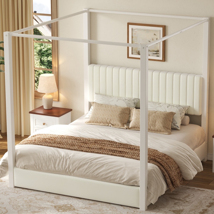 Cama con dosel 180x200 cm y cabecero de terciopelo – blanco