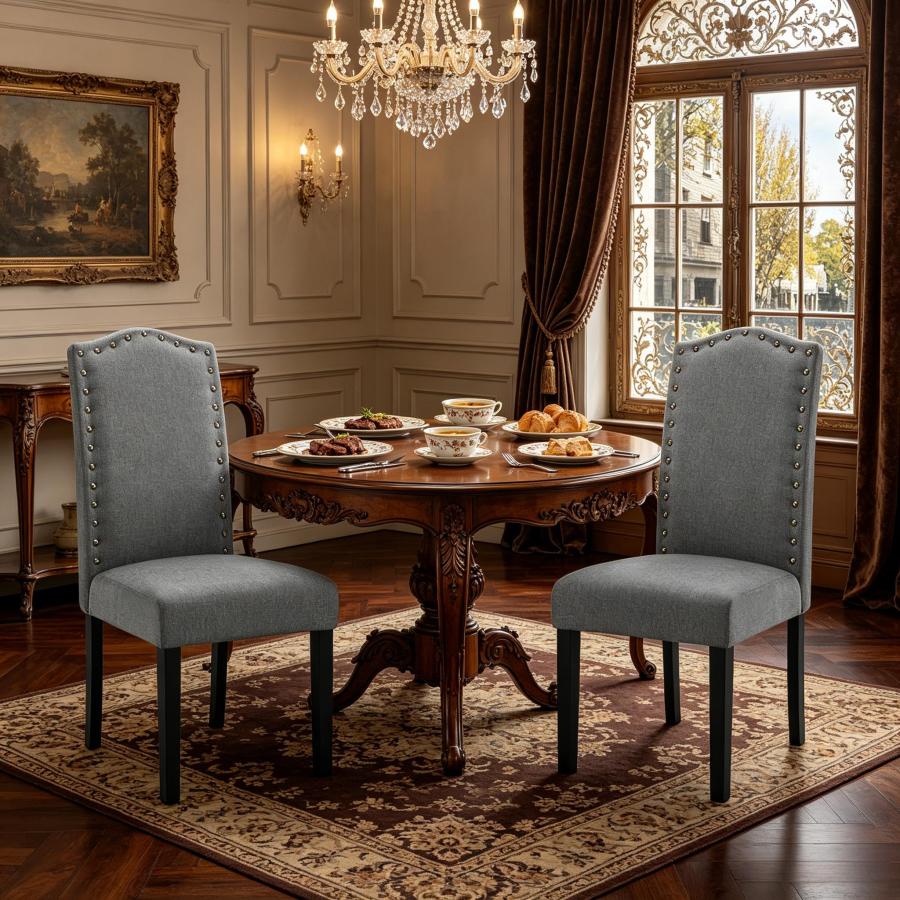 Conjunto de 2 sillas de comedor lino gris oscuro con respaldo alto