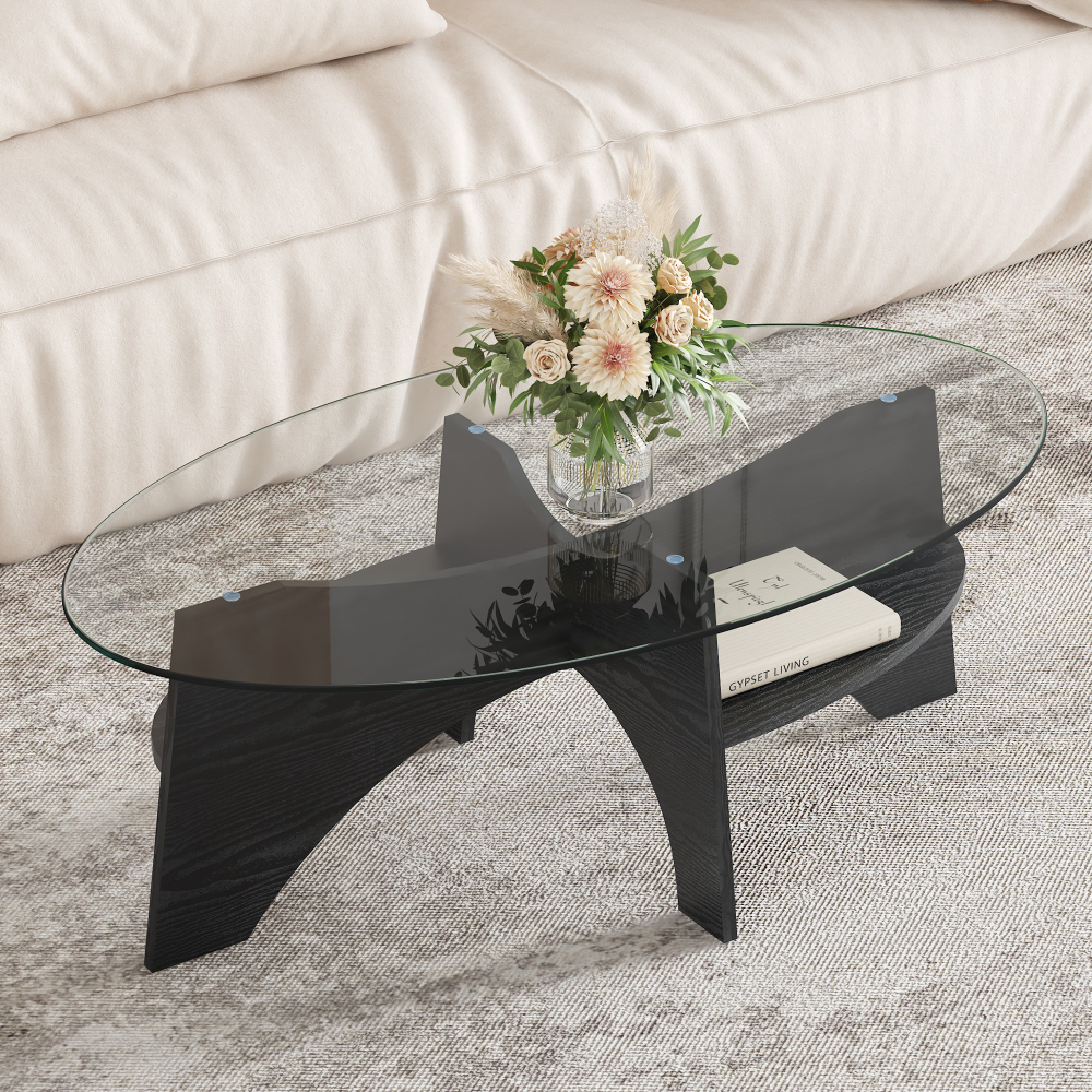 Mesa de centro ovalada cristal y mdf negro transparente 35,6x104,9x60cm