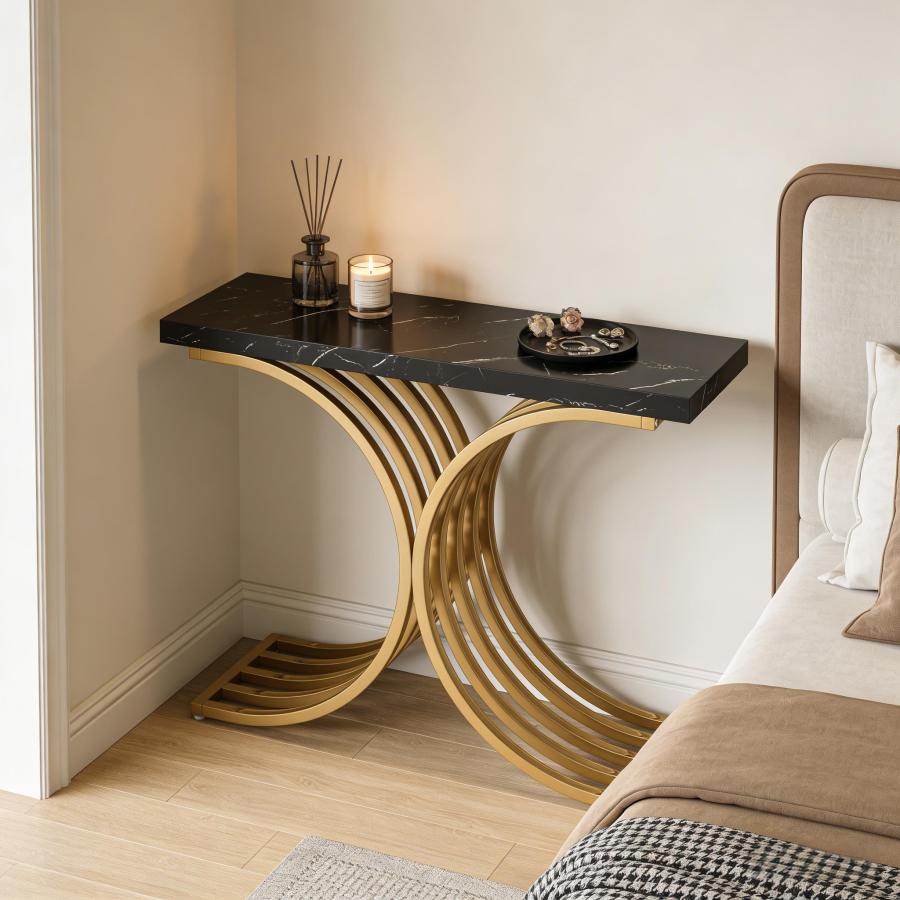 Mesa auxiliar para recibidor y salón mármol negro dorado 80x100x30cm
