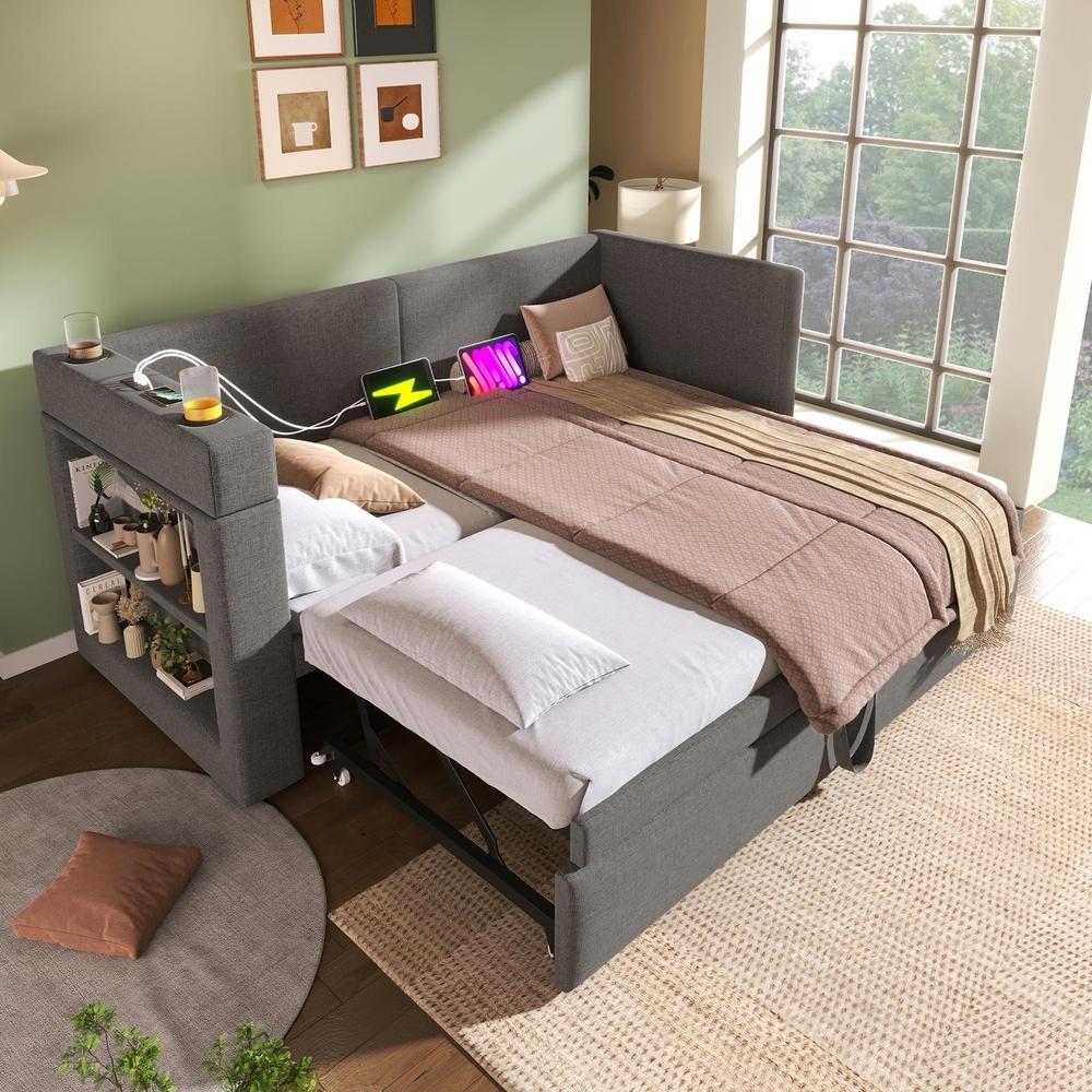 Sofá cama 90x200 cm gris, 1 plaza, cajón extraíble con puerto usb