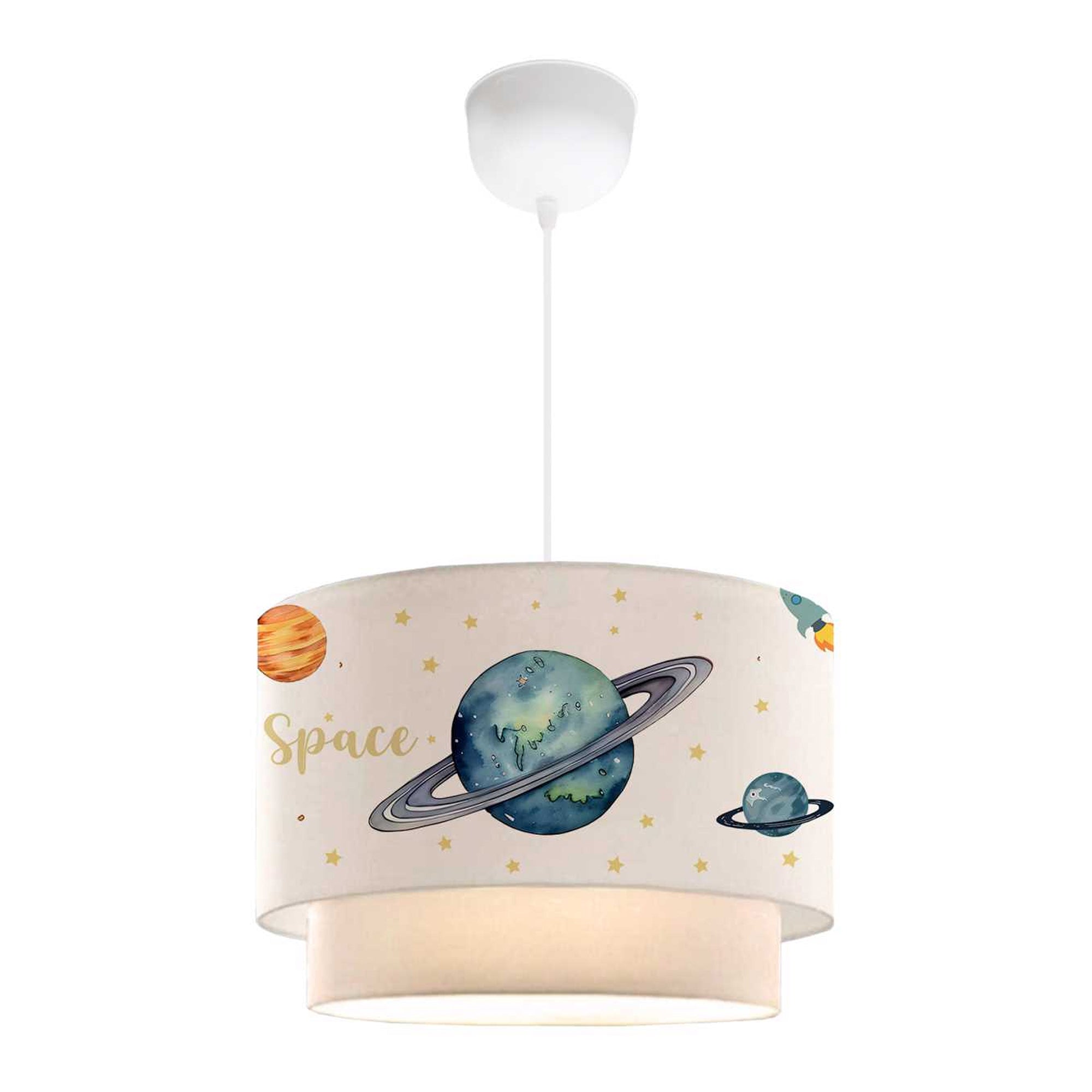 Lámpara de pie infantil con estampado de planetas blanca