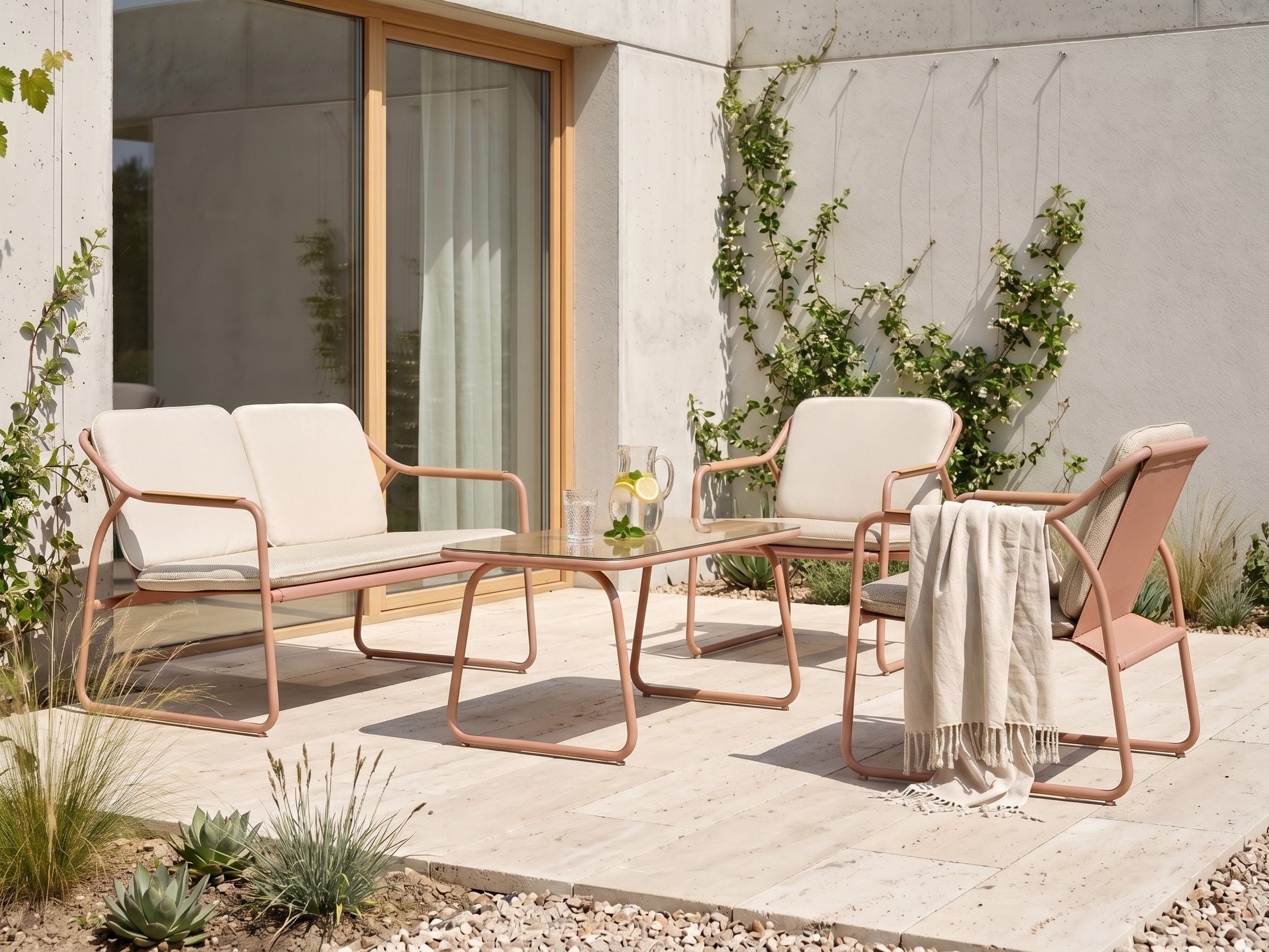 Conjunto de jardín con mesa 4 plazas calascio metal beige claro