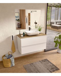 Mueble baño suspendido 100 cm blanco/roble, lavabo y espejo bellobath