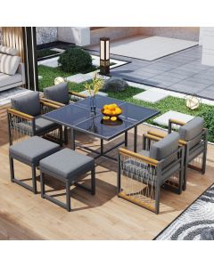 Conjunto mesa y sillas de jardín metal negro 6 personas con reposapiés