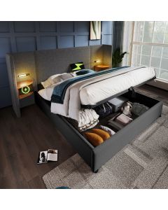 Cama con canapé 180x200cm con lámpara y puerto usb tipo-c lino – gris