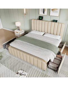 Cama tapizada 140x200cm con cajones y carga usb lino – beige