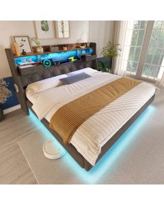 Cama tapizada 140x200cm con LED y usb, cabecero con almacenaje, lino – gris