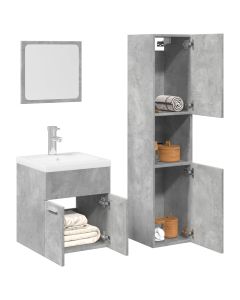 Juego de muebles de baño de 3 piezas con acabado en madera y cemento gris.